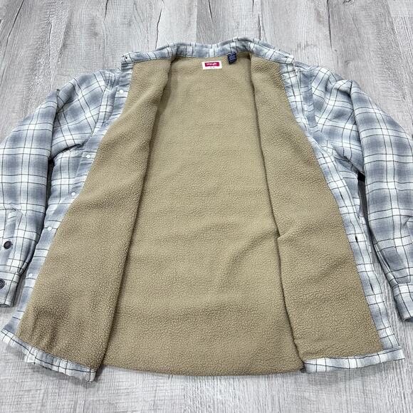 Wrangler Sherpa Lined Flannel Shirt Jacket Men's XL Gray Plaid Workwear Shacket - Picture 5 of 9